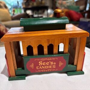 Christmas table decor wood See’s Candies Trolley car Doors lift up